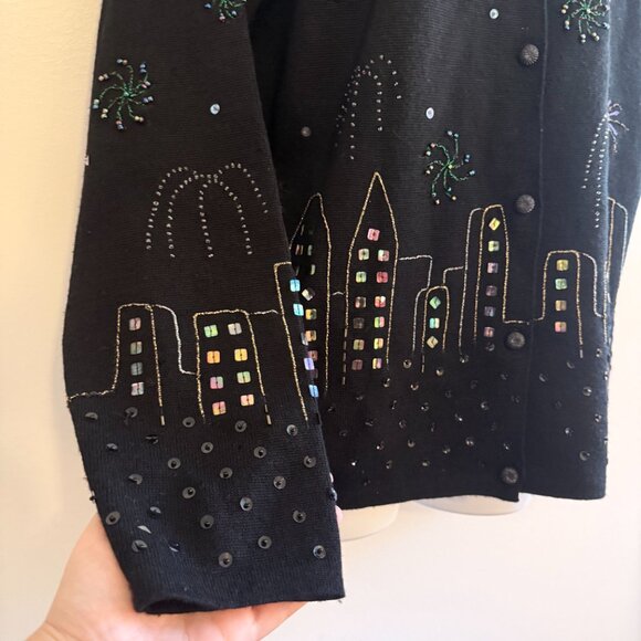 Vintage Y2K 2000 Beaded NYE Fireworks NYC City Skyline Merino Wool Cardigan XL - Picture 9 of 12